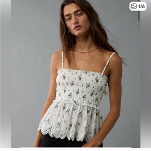 Aerie Floral Smocked White Top